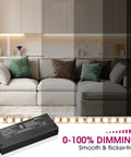 192W 2 Channel Dimmable LED Driver with 24V output, IP67 UL listed, shown in living room setting with smooth dimming effect