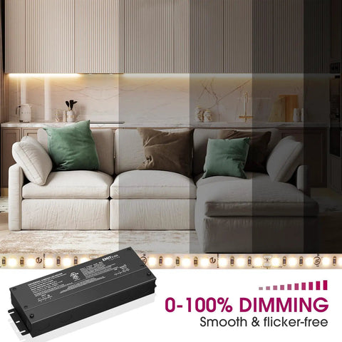 192W 2 Channel Dimmable LED Driver with 24V output, IP67 UL listed, shown in living room setting with smooth dimming effect