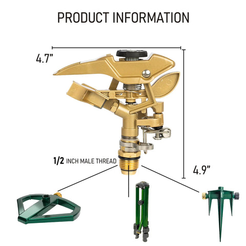 Heavy Duty Rock Solid Half Inch Zinc Impact Sprinkler 2 Pack Adjustable Zero To Three Sixty Degree Lawn Sprinkler Head dimensions and features