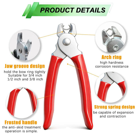 Hog Ring Kit With Heavy Duty Pro Grade Straight Pliers, showing red-handled pliers with jaw groove design and arch ring.