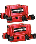 Rock Solid Top Tier Hydraulic Disc Brake Set Featuring Two Way Paddle Levers And Sturdy Aluminum Alloy Calipers For Front Rear Mountain Bike Ebike Setup Ready To Roll In Bright Red Finish - close-up of dual calipers.