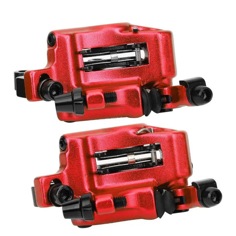 Rock Solid Top Tier Hydraulic Disc Brake Set Featuring Two Way Paddle Levers And Sturdy Aluminum Alloy Calipers For Front Rear Mountain Bike Ebike Setup Ready To Roll In Bright Red Finish - close-up of dual calipers.