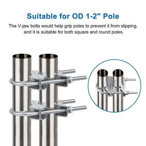 Heavy Duty Mast Clamp Kit For Dual Antenna Mounts With V Jaw Brackets And U Bolts, Two Pack Pole Mount Brackets For Outdoor Roof Or Mast Install, Zinc Plated Iron Construction With Rust Proof Finish Built To Last. Fits 1-2 inch poles.