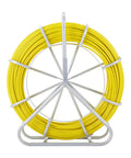 Fiberglass Fish Tape 425 Foot Long Quarter Inch With Pro Grade Durable Stand shown in yellow on metal stand