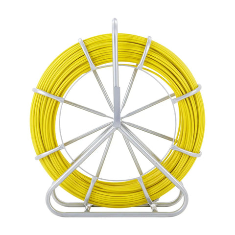 Fiberglass Fish Tape 425 Foot Long Quarter Inch With Pro Grade Durable Stand shown in yellow on metal stand