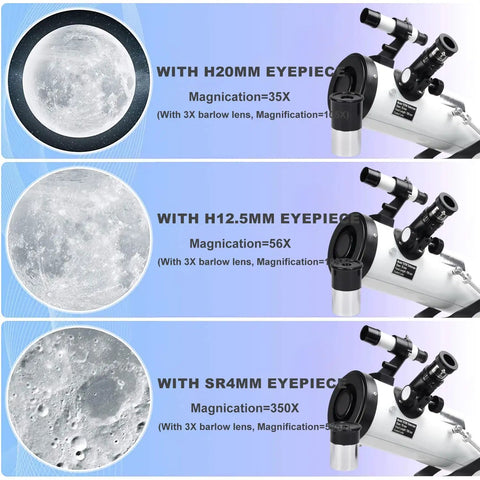 Portable 76mm Aperture Reflector Telescope With 700mm Focal Length 35x to 525x Magnification showing moon views at various magnifications.