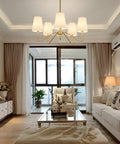5 Light Modern Chandelier With White Fabric Shades, 30-In Brass Gold Pendant Ceiling Light For Living Room