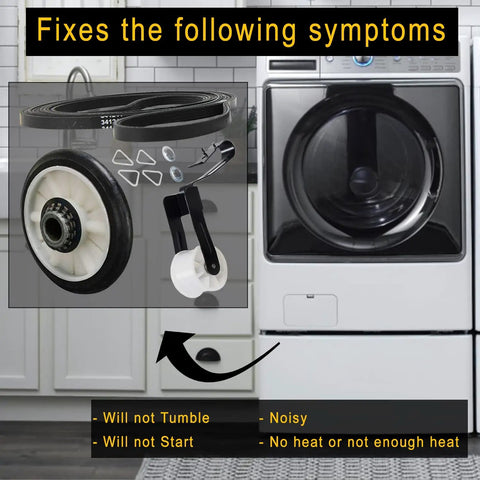 Complete Dryer Repair Kit With Drum Rollers Idler Pulley And Belt For Whirlpool And Kenmore Dryers shown with symptoms list