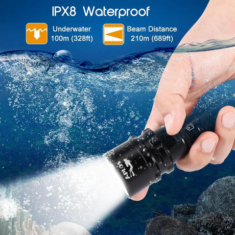 Hand holding AP20 Scuba Dive Light 2000 Lumens Beast Bright Waterproof Underwater Torch demonstrating IPX8 waterproofing