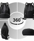 360-degree view of Black Drawstring Sports Gym Backpack With Wet Dry Separation, Shoes Compartment, Water-Resistant Material