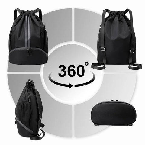 360-degree view of Black Drawstring Sports Gym Backpack With Wet Dry Separation, Shoes Compartment, Water-Resistant Material