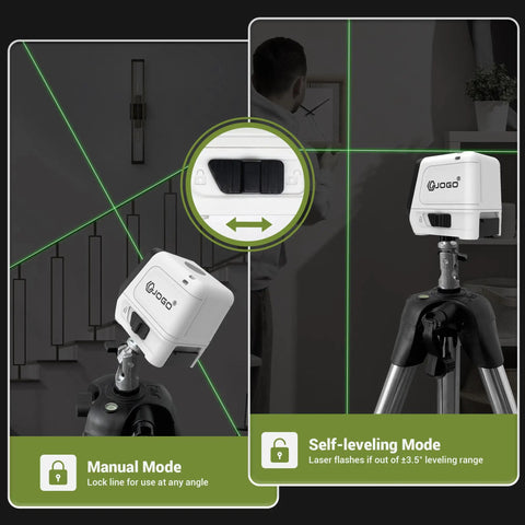 Green Beam Laser Level With Self Leveling showing manual and self-leveling modes on tripod