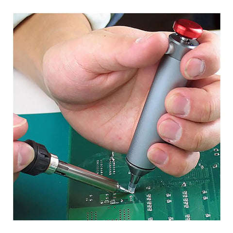 Pro Grade Solder Suction Tool With Silicone Nozzle One Handed Operation Heat Resistant Up To 350C in use on circuit board