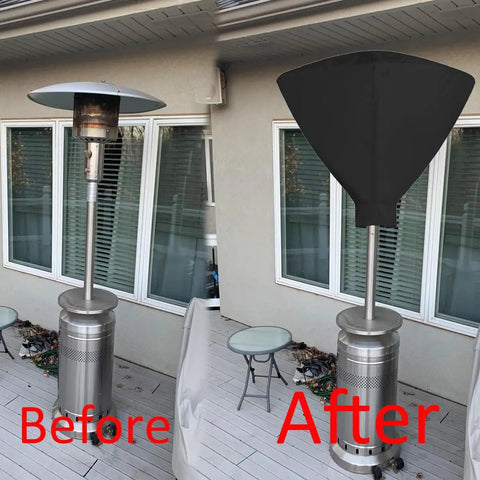 Before and after image showing Vinyl Patio Heater Cover With Zipper And Storage Bag For Stand Up Propane Heaters Heavy Duty Waterproof Weatherproof Shield UV Resistant Fits 34 Inch Dome Heads And 18.5 Inch Bases Black installed.