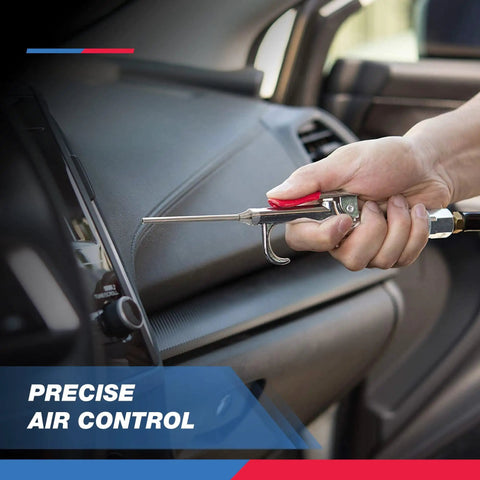 Air Blow Gun Nozzle Kit With Five Interchangeable Nozzles For Compressors, used inside a car for precision cleaning.