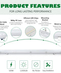 Eight Foot LED Vapor Tight Shop Light 100W 12000LM IP65 waterproof features and durable construction diagram.