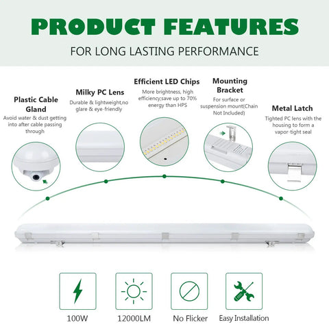 Eight Foot LED Vapor Tight Shop Light 100W 12000LM IP65 waterproof features and durable construction diagram.