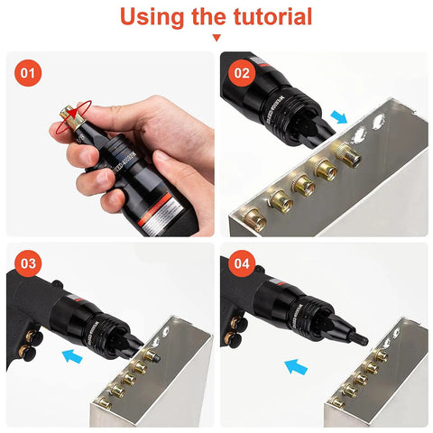 Step-by-step guide using Pneumatic Rivet Nut Gun Kit With Self Locking Head And Adjustable Speed, Four Size Quick Change Heads