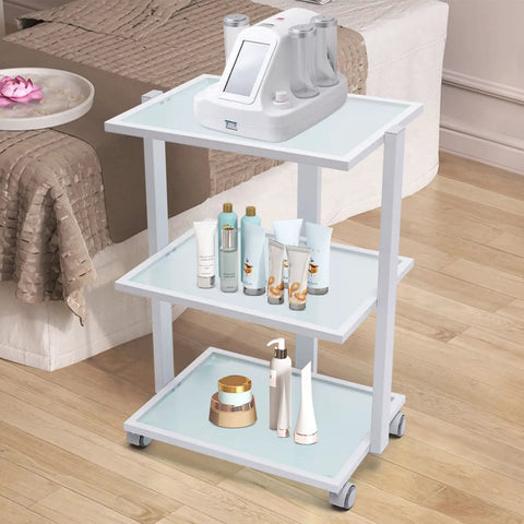 Three Tier Beauty Cart On Wheels With Heavy Duty 330 Lb Capacity All Purpose Rolling Trolley Organizer for salon use with products