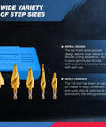Front view of NEIKO 10173A five-piece step drill bit set in blue case with gold titanium-coated spiral bits