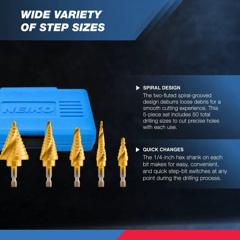 Front view of NEIKO 10173A five-piece step drill bit set in blue case with gold titanium-coated spiral bits