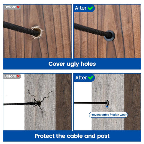 Image showing 'before and after' use of 100 Pack Black One Eighth Inch Cable Railing Protector Sleeves Heavy Duty For Wood Posts T316 Stainless Steel Deck Cable Railing Hardware Kit Prevents Wire Rope Friction Wear Level Posts Only.