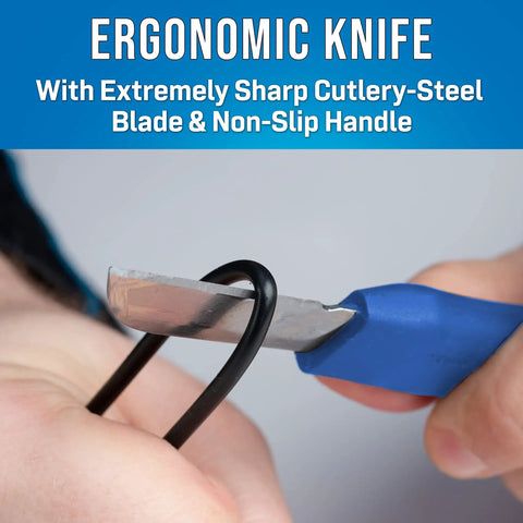 Close-up of ergonomic knife from TK 400 3 Piece Splicer Kit cutting cable, showing chrome vanadium steel with non-slip handle.