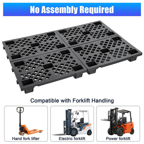 Eight Pack Plastic Pallets For Storage With Ventilated Raised Grid Surface, black stackable pallets for indoor outdoor use