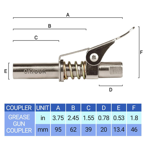OKYOUK grease gun coupler, silver metal with spring and lever, fits 1/8 NPT manual/electric grease guns