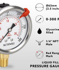 Liquid Filled Pressure Gauge 0 To 300 Psi, Two And A Half Inch Dial, One Quarter Inch NPT Lower Mount, Stainless Steel Case