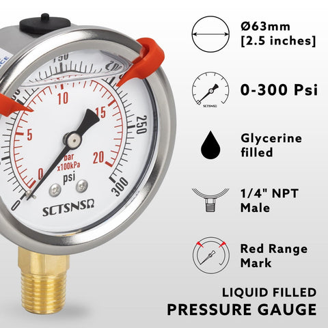 Liquid Filled Pressure Gauge 0 To 300 Psi, Two And A Half Inch Dial, One Quarter Inch NPT Lower Mount, Stainless Steel Case