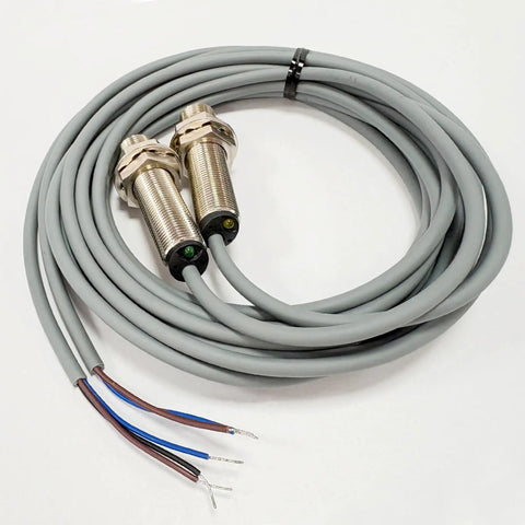 Ultra Compact Photoelectric Switch With Laser Beam, Through-Beam Reflective Optical Sensor, M12, 0-50M Range, NPN NO, 3-Wire DC12-24V, 650nm Laser, Tiny Footprint, 5ms Fast Response gray cable with two M12 sensors