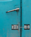 Heavy Duty Caravan Door Retaining Latch With Stainless Steel Spring Hook And Catch Plate on a blue door