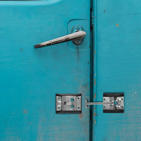 Heavy Duty Caravan Door Retaining Latch With Stainless Steel Spring Hook And Catch Plate on a blue door