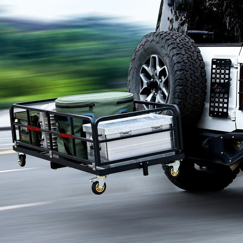 Heavy Duty Folding Hitch Cargo Carrier With 750 Pounds Capacity Fits Two Inch Receiver Includes Wheels And Handle For Easy Transport