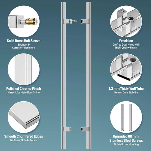 H-Shaped 1200mm Push Pull Door Handle Back To Back Mounting for barn front entrance, stainless steel 304 polished chrome, 1.2mm thick, 900mm CTC