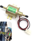 12V Heavy Duty Plunger Fuel Pump for Low Pressure Delivery, 3 to 5 PSI, High Flow Gas Pump shown with gold finish and wire connectors