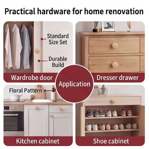 10 Pack Ceramic Knob Set With Floral Pattern Vintage Style Drawer Pulls for furniture doors and cabinets shown in use.