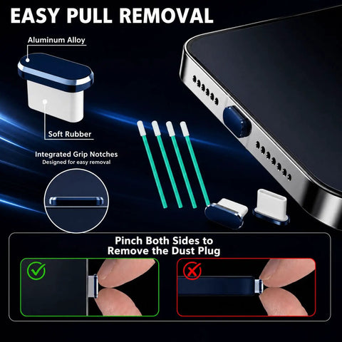 Four Pack USB C Dust Plugs For USB C Port And Speaker Grilles, Dual Head Type C Cover with removal instructions and metal mesh