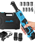 Cordless Ratchet Wrench Set With 16.8V Beefy Power 45 Ft Lbs Torque 550 RPM Dual Cooling Extended Run Time Heavy Duty Build Includes 2x 2Ah Batteries One Quarter Inch Adapter 3 Inch Extension Bar Variable Speed Electric Tool Kit In Blue with case, sockets, charger