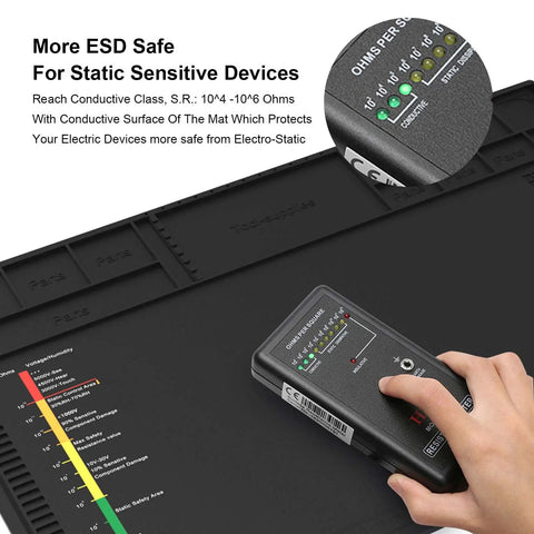 18x12 Inch ESD Silicone Soldering Mat with resistance meter demonstrating conductivity for static sensitive devices.