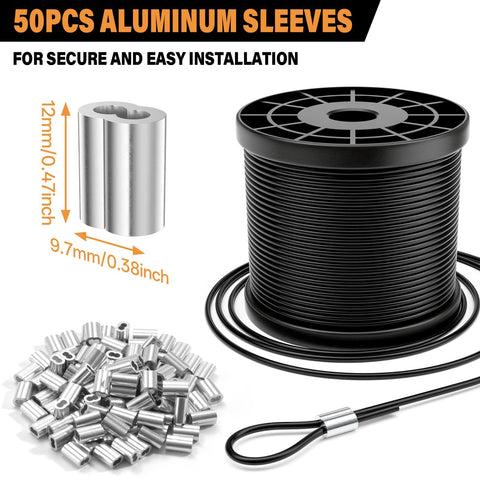 Black Vinyl Coated Cable, 304 Stainless Steel Wire Rope 1/16 In Overmolded To 3/32 In with 50 aluminum sleeves and spool