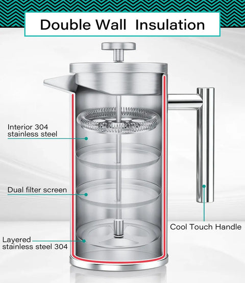 Premium French Press Coffee Maker With Built In Measurement Marks For Smooth Daily Brews Made From Safe Non Toxic Materials In Sleek Silver showcasing double wall insulation and stainless steel.