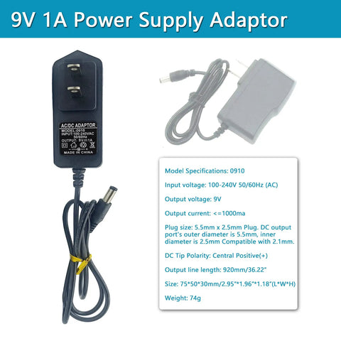 9V 1A power supply adaptor from All In One Upgraded Electronics Component Kit with specs card and cable details