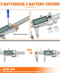 8 Inch Digital Caliper All Metal Frame With Large LCD Readout Inch Metric Fraction, shown with batteries and covers