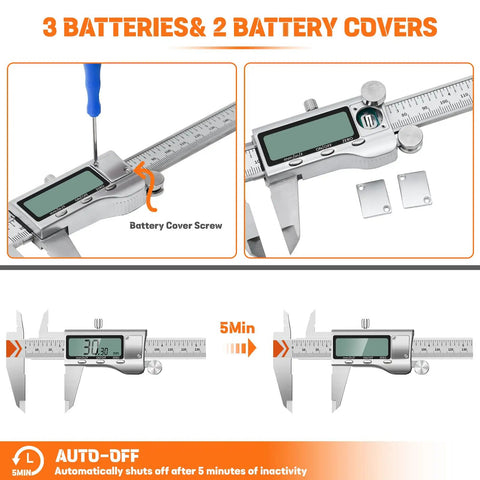 8 Inch Digital Caliper All Metal Frame With Large LCD Readout Inch Metric Fraction, shown with batteries and covers