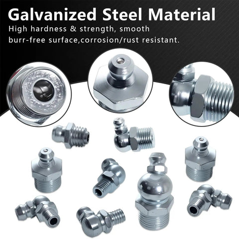 Grease Fittings 24 Size SAE And Metric Zerk Fitting Assortment Kit All In One For Straight 45 Degree And 90 Degree Nipples Galvanized Steel