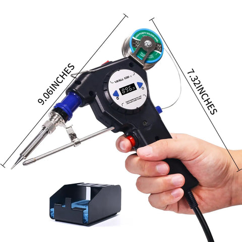 Hand holding Industrial Automatic Soldering Gun Kit with Digital Display, 9.06 x 7.32 inches, includes 80g solder wire for precision electronics repairs