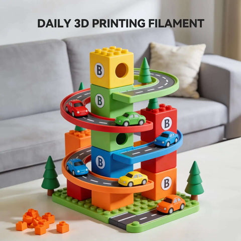 Colorful toy car track set made from Daily 3D Printing Filament with cars and trees on a table near a gray sofa.