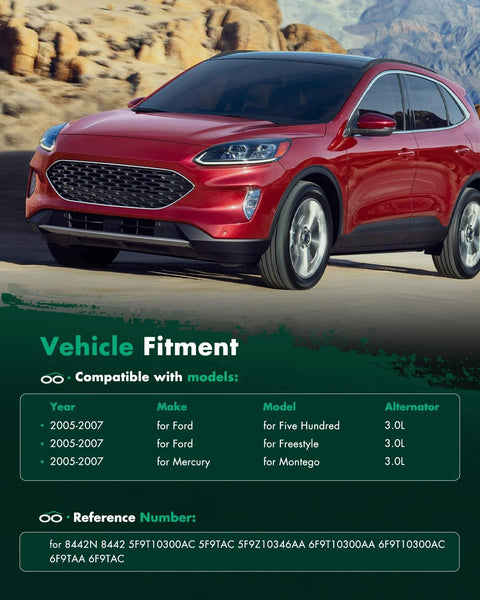 Red SUV with Vehicle Fitment Chart for Ford and Mercury models, 3.0L engine compatible alternator, 2005-2007.